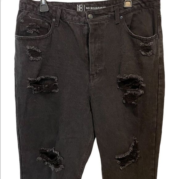 NOBO Super High Rise Black Distressed Relaxed Fit Button Fly Denim Jeans - Picture 2 of 6